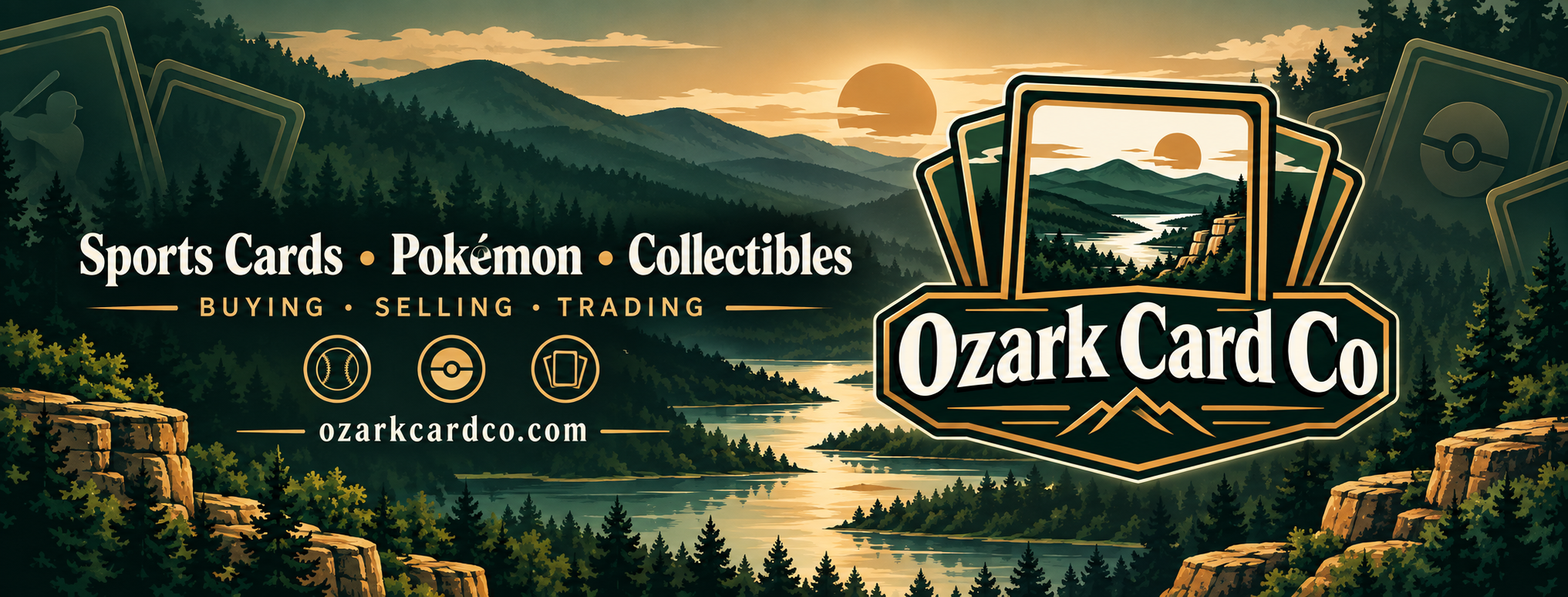 Ozark Card Co. banner with Ozark mountains, cards, sports cards, Pokémon, collectibles, buying, selling and trading